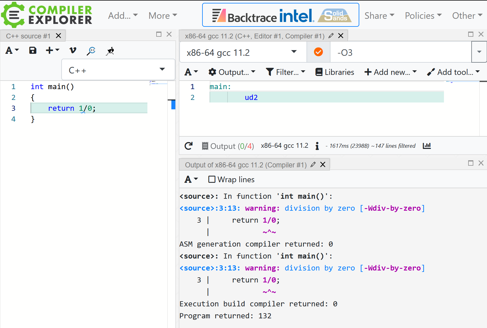 A divide-by-zero bugs caught twice by tools in Compiler Explorer