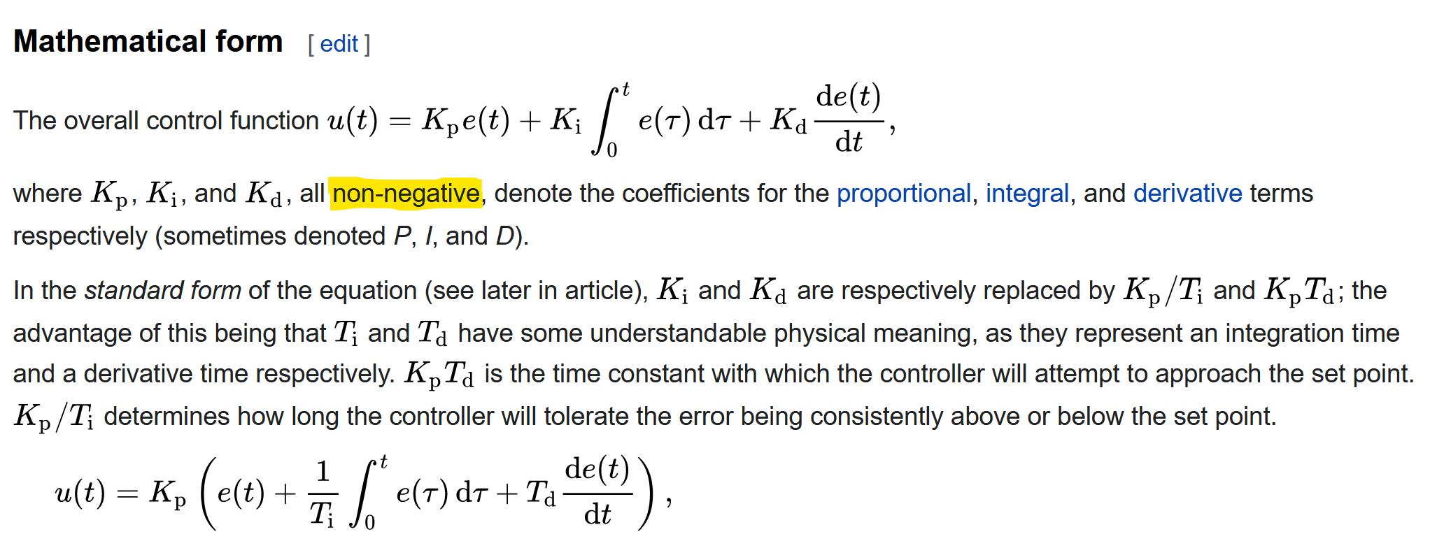 excerpt from Wikipedia page about PID controller with a contract highlighted