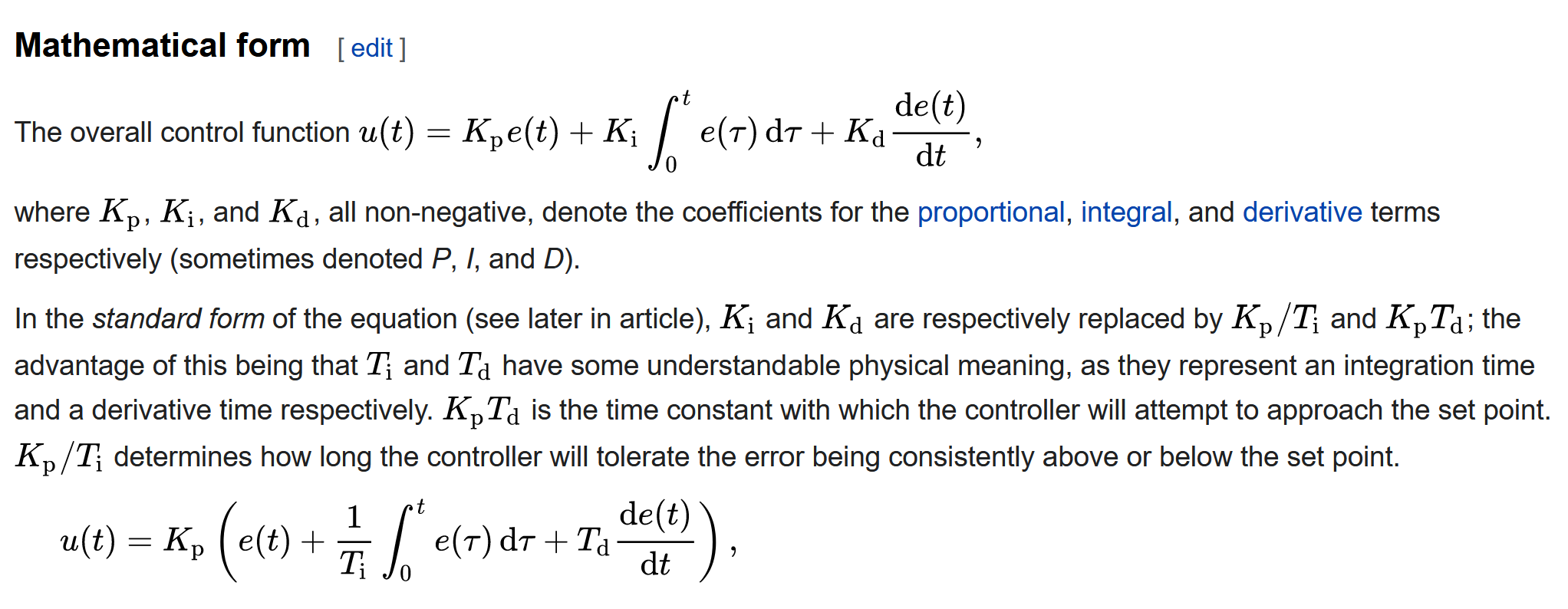 excerpt from Wikipedia page about PID controller